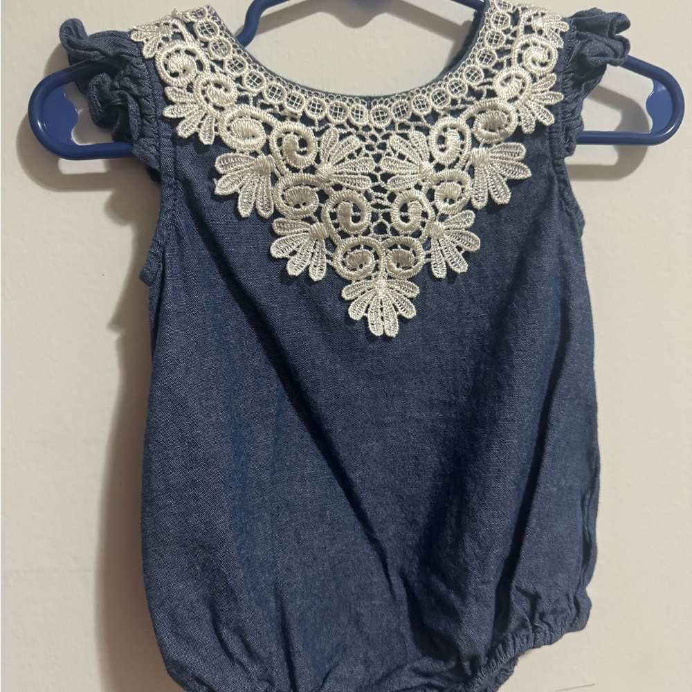 Indigo Soul Denim Romper with Cream Lace